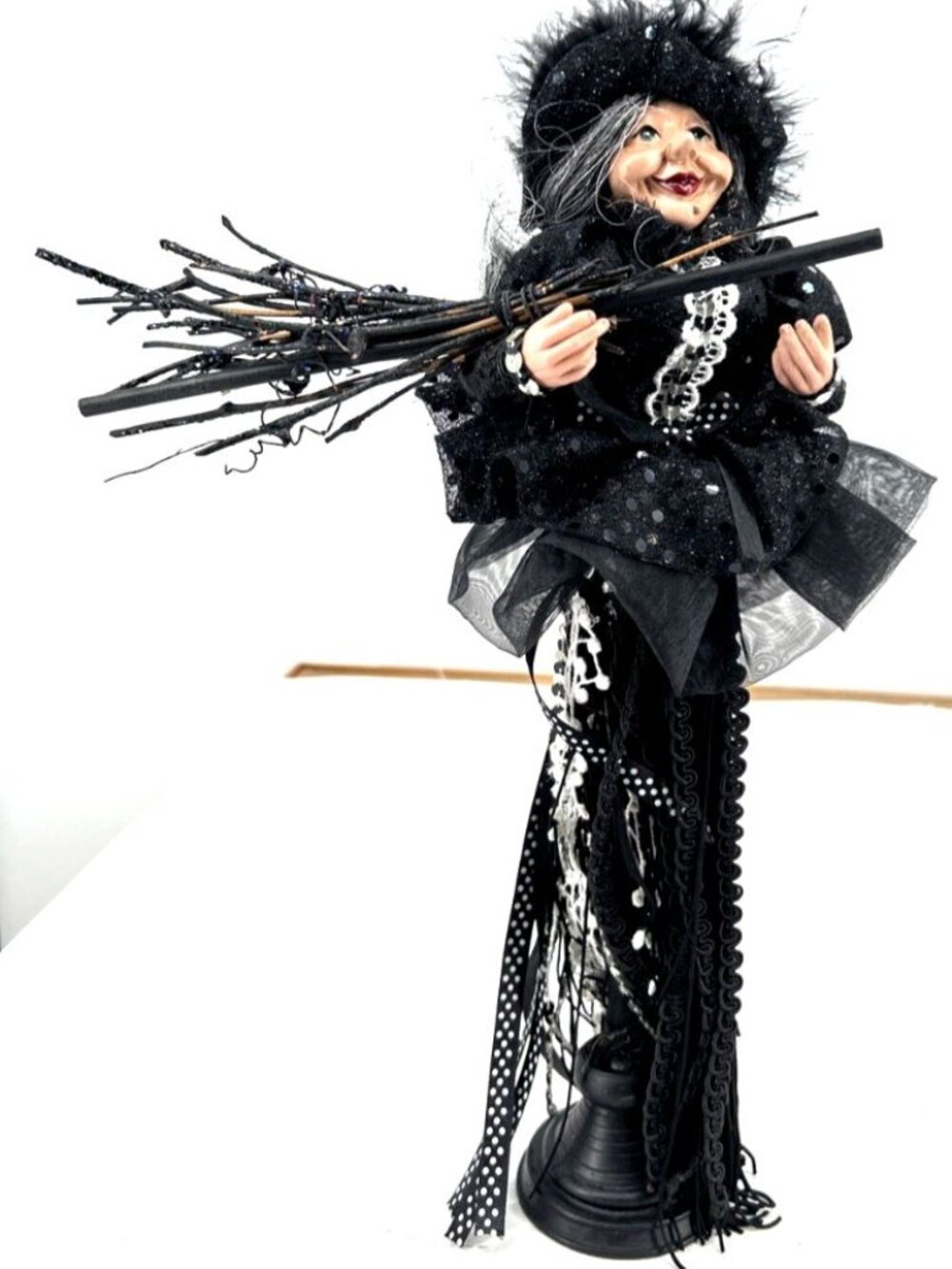 Witch Kitchen Witch Doll Wood Gathering Freestanding Black 17" Halloween Vintage